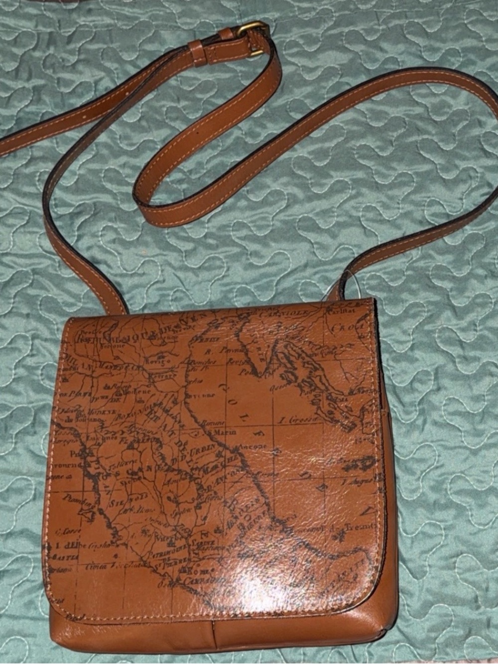 Patricia Nash Brown Leather Crossbody Bag with Map Print
